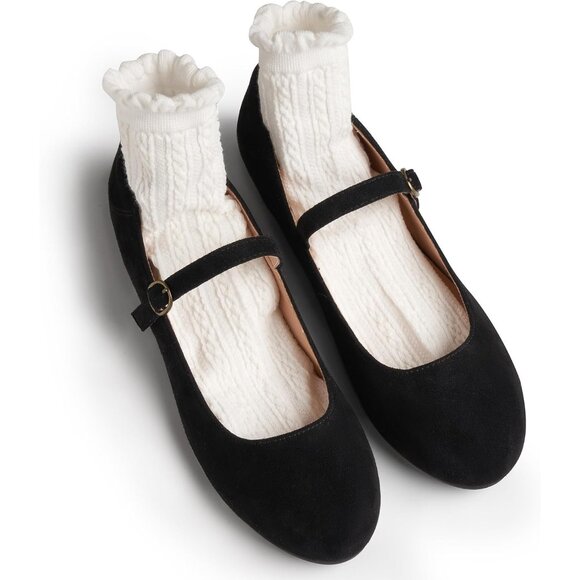 Trary Women Black Suede Leather Round Toe Ankle Strap Ballet Flats Shoes - Picture 2 of 6